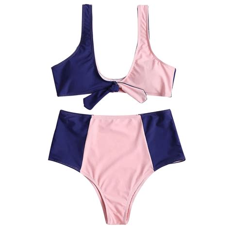 Women Two Tone High Waist Bikini Set Wire Free Padded Female Swimsuits