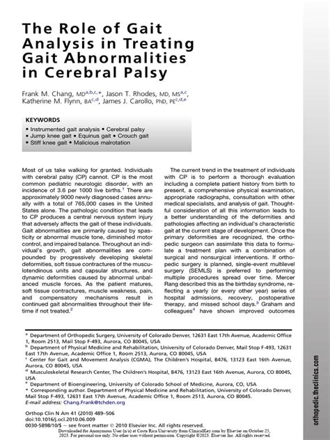 The Role of Gait Analysis in Treating Gait Abnormalities in Cerebral Palsy | PDF | Foot ...