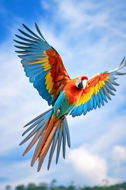 Premium AI Image | colorful of parrot flying in the sky free flying bird