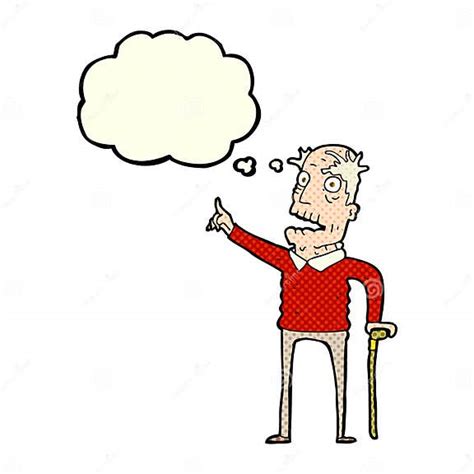 Cartoon Old Man With Walking Stick With Thought Bubble Stock