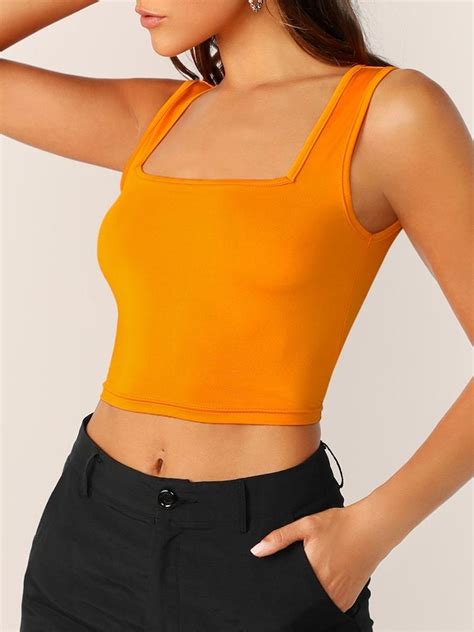 Neon Orange Slim Fitted Crop Tank Top Shein Usa With Images Cropped Tank Top Fashion