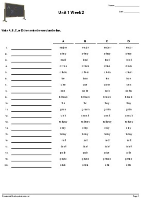 Unit 1 Week 2 Spelling Test Quickworksheets