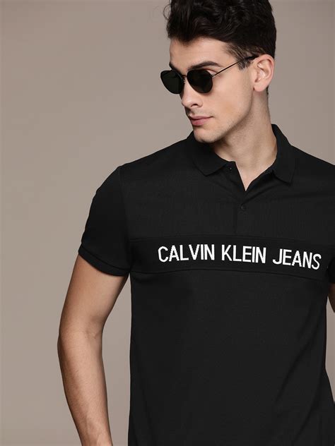 Buy Calvin Klein Jeans Men Black Printed Polo Collar T Shirt With Applique Detail Tshirts For