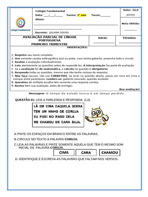 Prova De Português 1 Ano Com Gabarito - Prova e Revisão de Portugues 1 Ano | PDF | Linguística