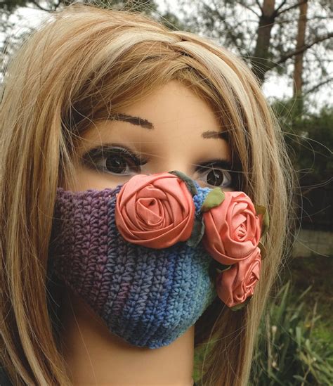 Pink Roses Face Mask Floral Facemask Crochet Face Protector Reusable