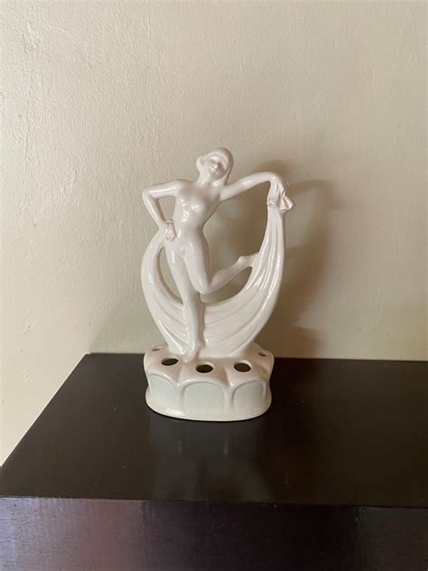 Vintage Ceramic Art Deco Nude Woman With Scarf Flower Arranger Brush