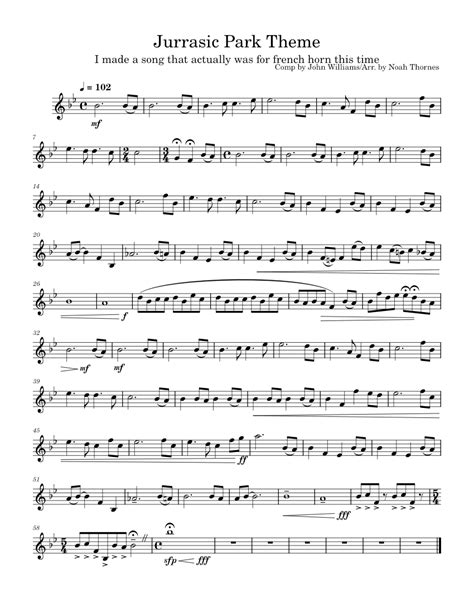 Theme From “jurassic Park” John Williams French Horn Solo Sheet Music For French Horn Solo