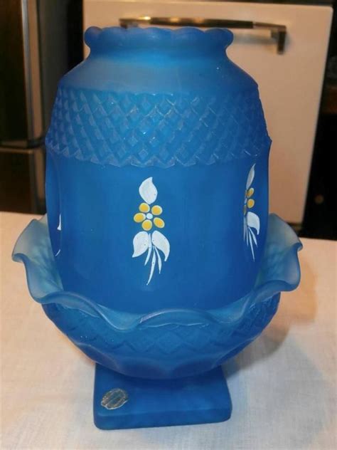 Vtg Westmoreland Blue Satin Glass Hurricane Fairy Candle Lamp Hand Painted Fairy Candles