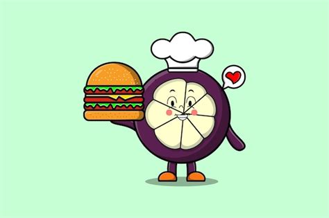 Personnage De Dessin Animé Mignon Chef Mangoustan Tenant Burger En