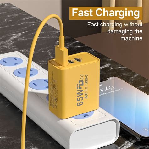 65W Gallium Nitride USB + Type-C Fast Charging Charger, EU Plug (Yellow