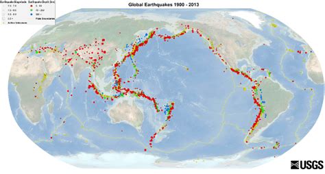 Map showing the locations and depths of earthquakes with magnitudes of ...