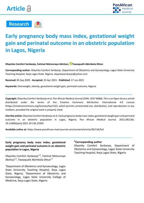 Pdf Early Pregnancy Body Mass Index Gestational Weight Gain And