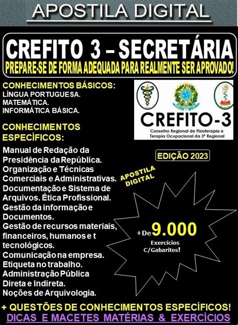 Apostila CREFITO 3 SECRETÁRIA Teoria 9 000 exercícios Concurso