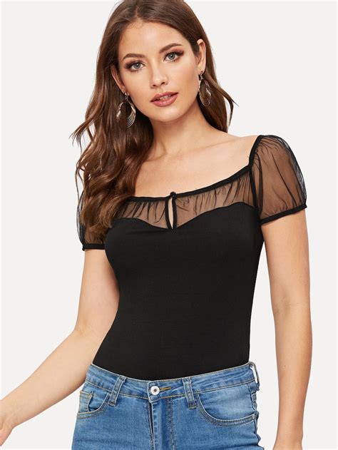 Shein Keyhole Front Sheer Mesh Yoke Fitted Tee Tops Women Top Outfits