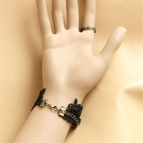 Victorian Gothic Black Floral Lace Wristband Gem Embellishment Bracelet