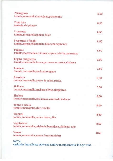 Menu at La Pizza Loca restaurant, Barcelona