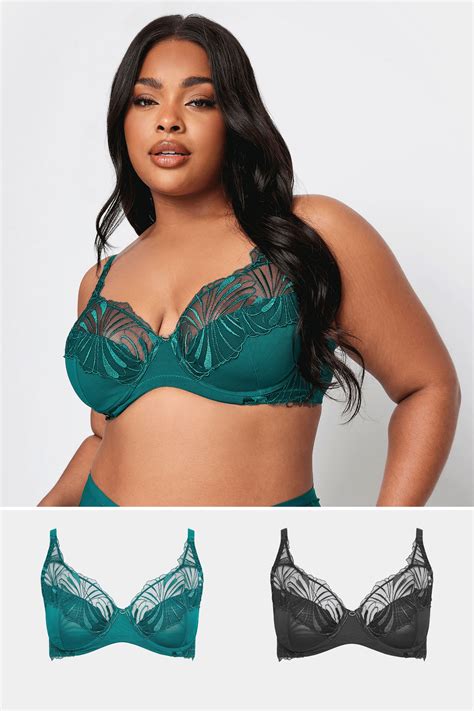 Yours Plus Size 2 Pack Black And Green Leaf Embossed Non Padded Bras