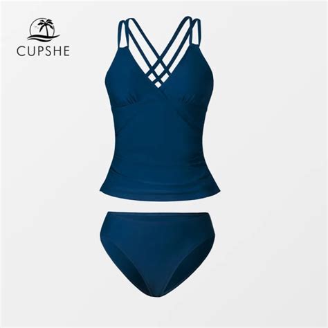 Marinblå V ringad Låg midja Tankini Baddräkt För Kvinnor Sexig Crosscriss Rygg Bikini Set Två