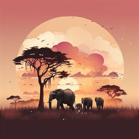 Premium Vector | Elephants in africa at sunset