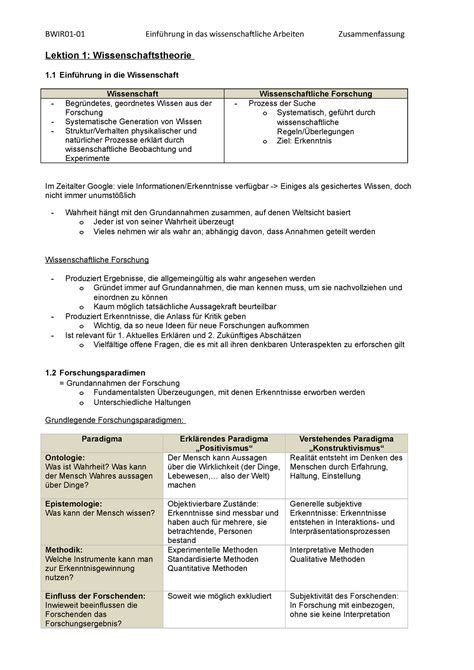 Zusammenfassung Wissenschaftliches Arbeiten Lektion 1