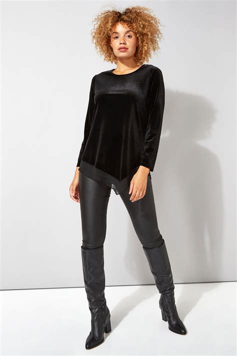 Velvet Asymmetric Chiffon Hem Top In Black Roman Originals Uk