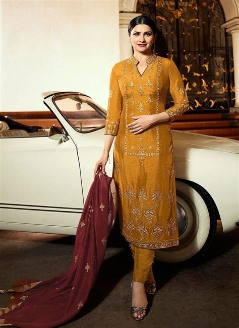 Mustard Yellow And Maroon Pakistani Pant Suit Pakistani Suit With