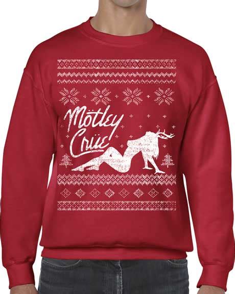 Motley Crue Christmas Sweater Design On A Red Crew Neck Sweatshirt