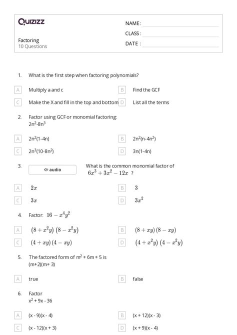 Factoring Worksheets For Th Class On Quizizz Free Printable