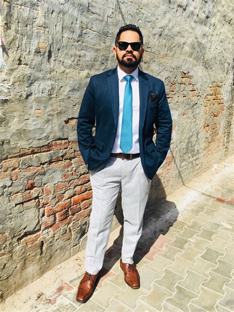 Navy Blazer With Light Gray Pant Outfit Mens Style