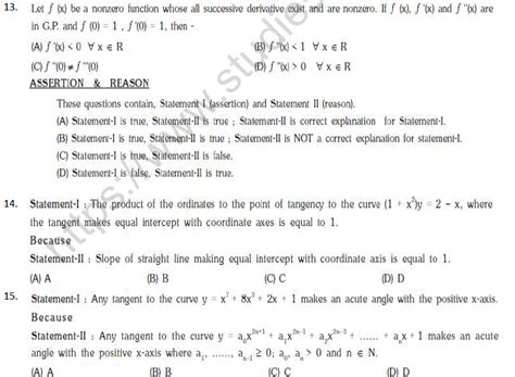 Jee Mathematics Application Of Derivatives Mcqs Set C With Answers