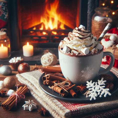 A Cozy Christmas Scene With A Hot Chocolate Drink Marshmallows And A Fireplace Stock
