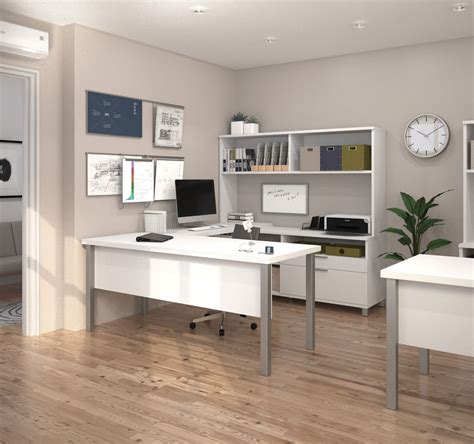 Premium Modern U Shaped Desk With Hutch In White Design Elements