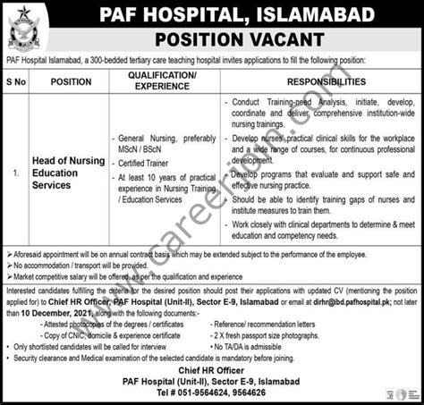 Paf Hospital Islamabad Jobs Head Of Nursing Education Services