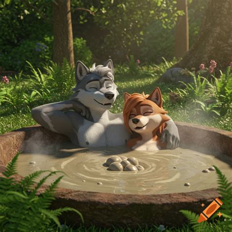 Two Happy Anthropomorphic Cartoon Wolves Relax In A Steaming Mud Hot