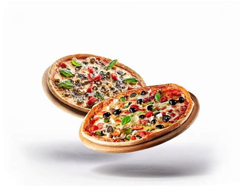 Two Tasty Hot Pizza Set Fall From Sky Front View In White Background Stock Illustration