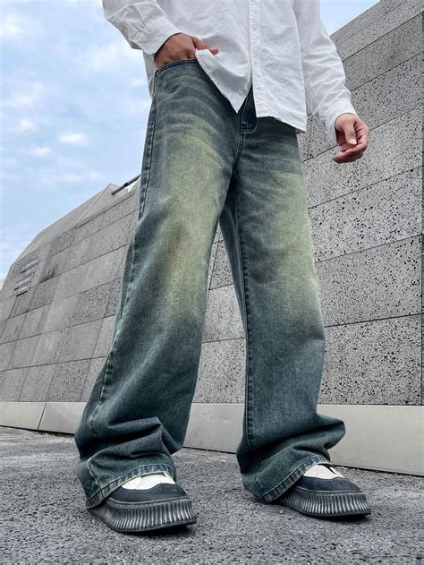 Manfinity Hypemode Men S Wide Leg Jeans With Washed Whiskers In