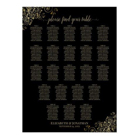 Table Wedding Seating Chart Black Gold Frills Zazzle Seating