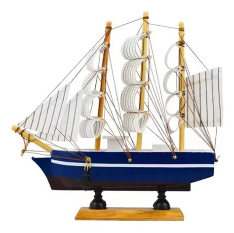 Miniatura Barco Navio Madeira Veleiro Azul Decorativo Cm