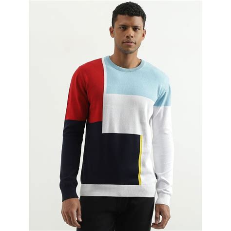 Buy United Colors Of Benetton White And Blue Regular Fit Round Neck