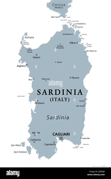 Sardinia, Italian island, gray political map, with capital Cagliari ...