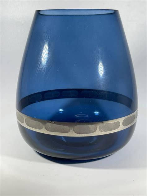 Mcm Cobalt Blue Tear Drop Vase With Applied Silver Etched Design Etsy