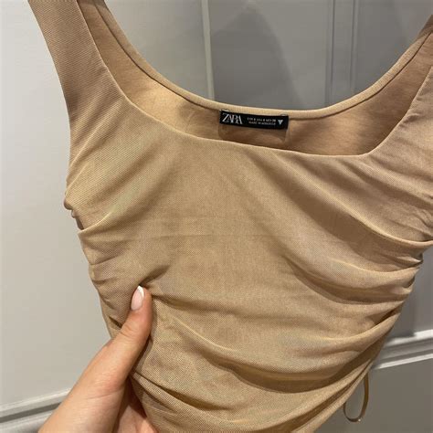Zara Nude Mesh Corset Style Crop Top With Square Depop
