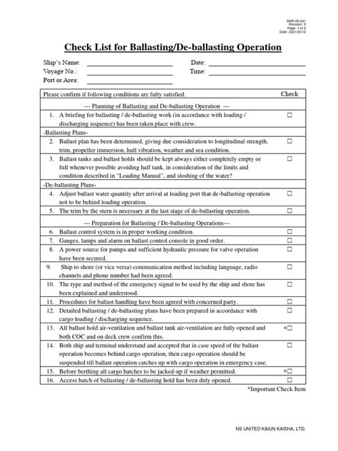 Check List For Ballasting De-Ballasting Operation | PDF | Water ...