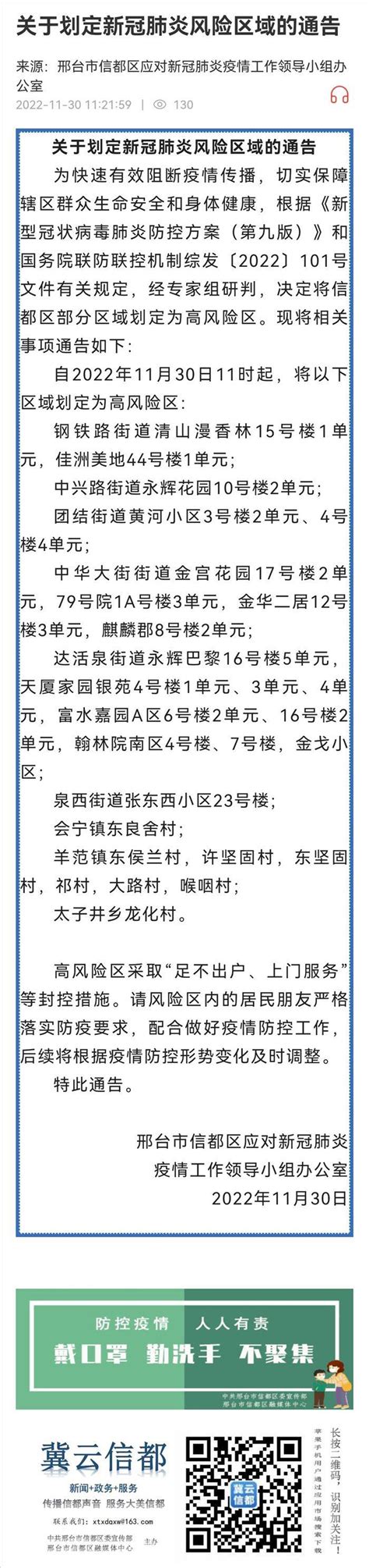 邢台123：信都区：11月30日11时起，将以下区域划定为高风险区