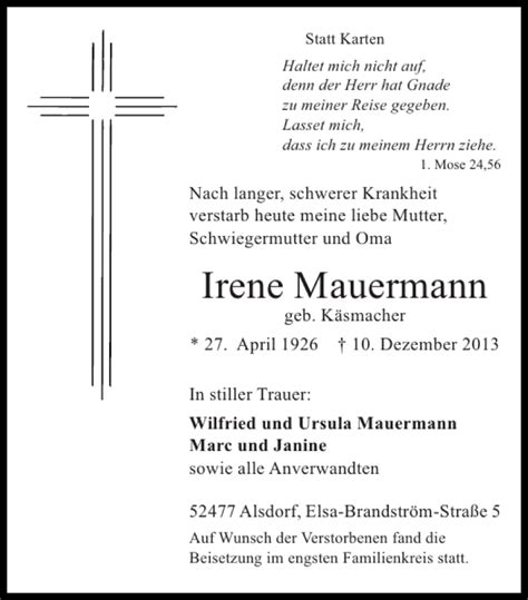 Traueranzeigen Von Irene Mauermann Aachen Gedenkt