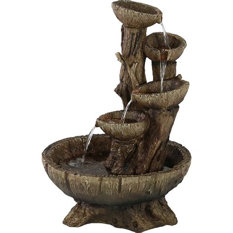 Sunnydaze Outdoor Five Tier Wooden Bowl Water Fountain with LED Lights, 32 Inch Tall, Includes ...