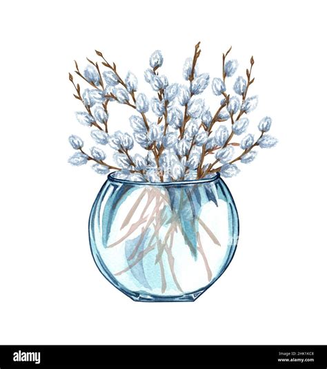 Watercolor Bunch Of Pussy Willow Twigs In A Glass Vase Spring Bouquet Easter Decorations Hand
