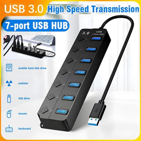 7-Port USB 3.0 Hub with Individual Power Switches, High-Speed USB Data Hub Splitter Portable USB ...