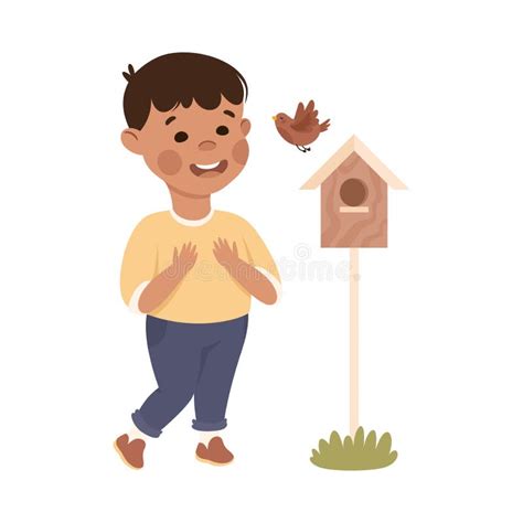 Smiling Boy Taking Care Of Birds Save The World Ecology Concept