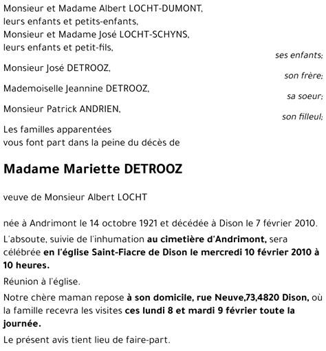 Avis De Décès De Mariette Detrooz Décédé Le 07022010 à Dison